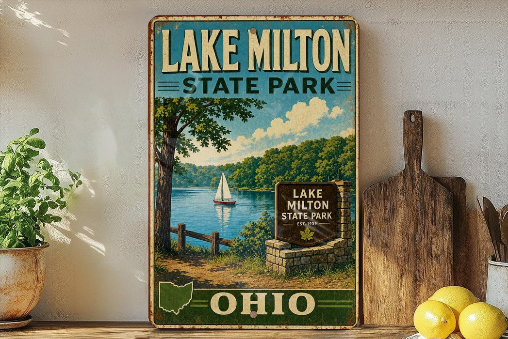 A vintage-style sign for Lake Milton State Park in Ohio, featuring a scenic landscape with a lake, trees, and a sailboat.