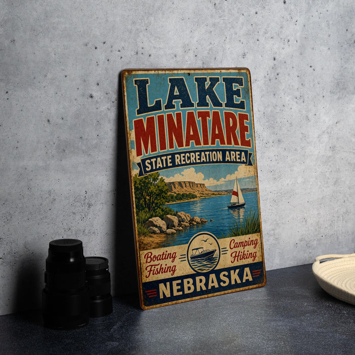 A vintage-style sign for Lake Minatare State Recreation Area in Nebraska, featuring a scenic illustration of a lake, mountains, and boats.