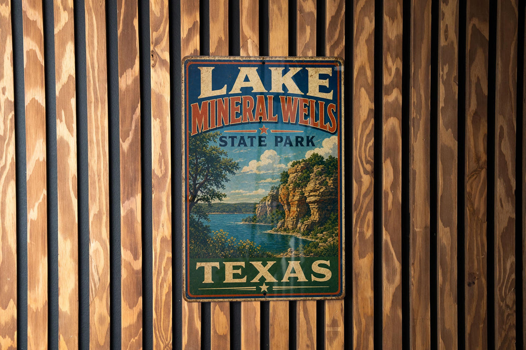 A vintage-style metal sign for Lake Mineral Wells State Park in Texas, featuring a scenic landscape with a lake, cliffs, and trees.