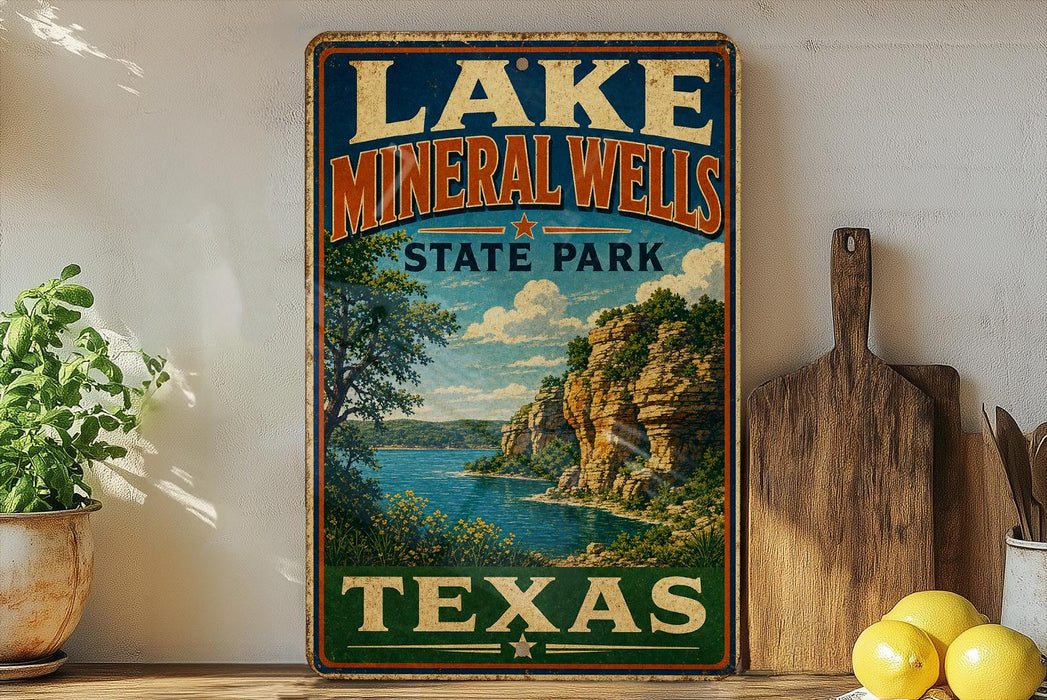 A vintage-style sign for Lake Mineral Wells State Park in Texas, featuring a scenic landscape with a lake, mountains, and trees.