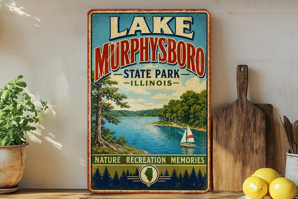 A vintage-style sign for Lake Murphysboro State Park in Illinois, featuring a scenic image of a lake, trees, and a sailboat.