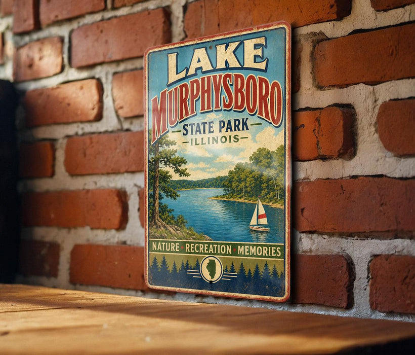 A vintage-style metal sign for Lake Murphy'sboro State Park in Illinois, featuring a scenic illustration of a lake surrounded by trees and a sailboat.