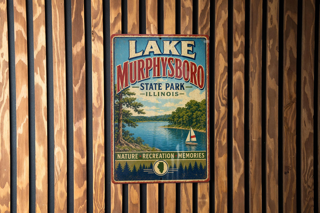 A vintage-style metal sign for Lake Murphysboro State Park in Illinois, featuring a scenic landscape with a lake, trees, and a sailboat.