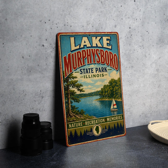 A vintage-style sign for Lake Murphysboro State Park in Illinois, featuring a scenic illustration of the lake and surrounding landscape.