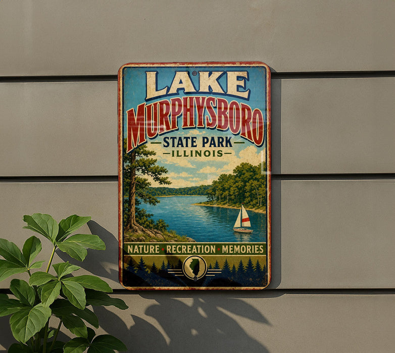 A vintage-style sign for Lake Murphysboro State Park in Illinois, featuring a scenic image of a lake, trees, and a sailboat.