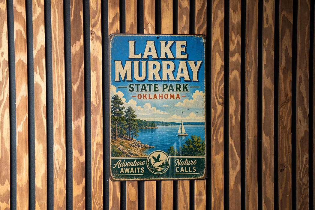 A vintage metal sign for Lake Murray State Park in Oklahoma, featuring a scenic image of a lake and a sailboat.