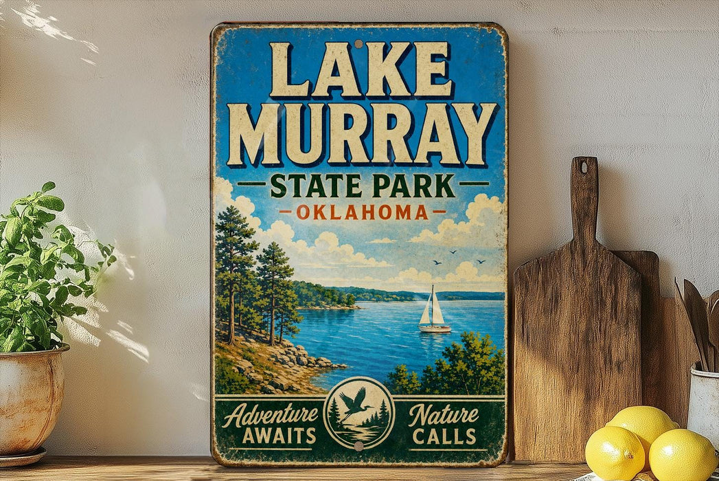 A vintage-style sign for Lake Murray State Park in Oklahoma, featuring a scenic illustration of the lake and surrounding landscape.