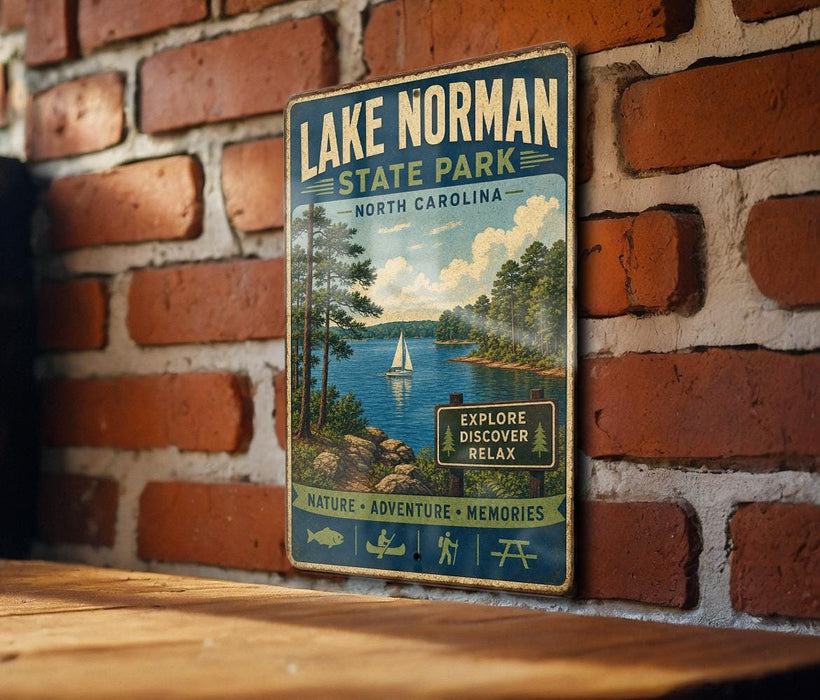 A vintage-style metal sign for Lake Norman State Park in North Carolina, featuring a scenic illustration of a lake, trees, and a sailboat.