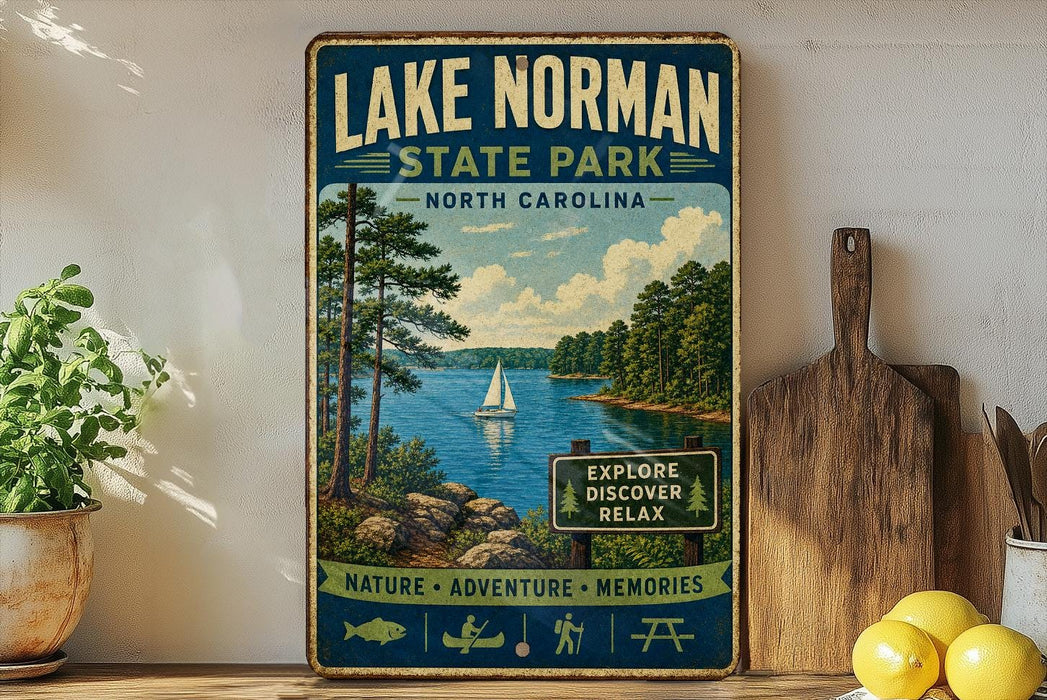 A vintage-style sign for Lake Norman State Park in North Carolina, featuring a scenic image of a lake surrounded by pine trees and a sailboat.