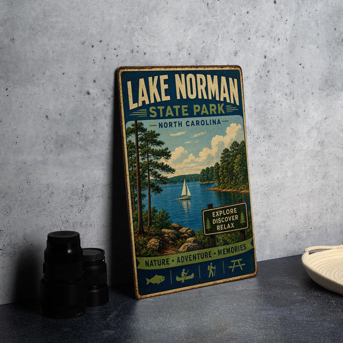 A vintage-style metal sign for Lake Norman State Park in North Carolina, featuring a scenic illustration of a lake, trees, and a sailboat.