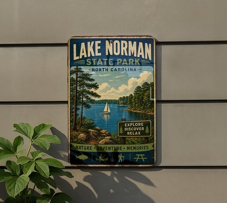 A vintage-style metal sign for Lake Norman State Park in North Carolina, featuring a scenic image of a lake, trees, and a sailboat.