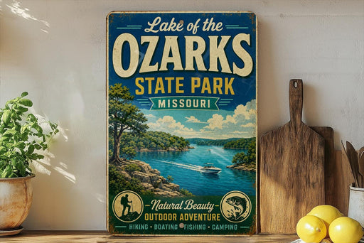 A vintage-style sign for Lake of the Ozarks State Park, Missouri, featuring a scenic illustration of a lake surrounded by mountains and a boat on the water.