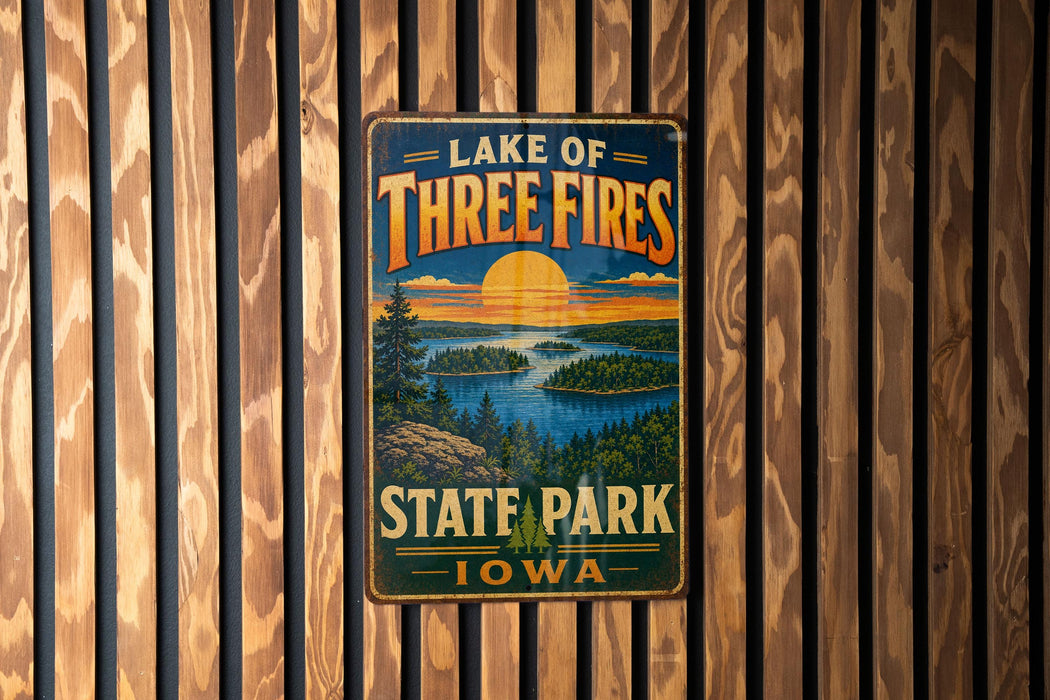 A vintage metal sign for Lake of Three Fires State Park in Iowa, featuring a scenic landscape with a lake, forest, and sunset.