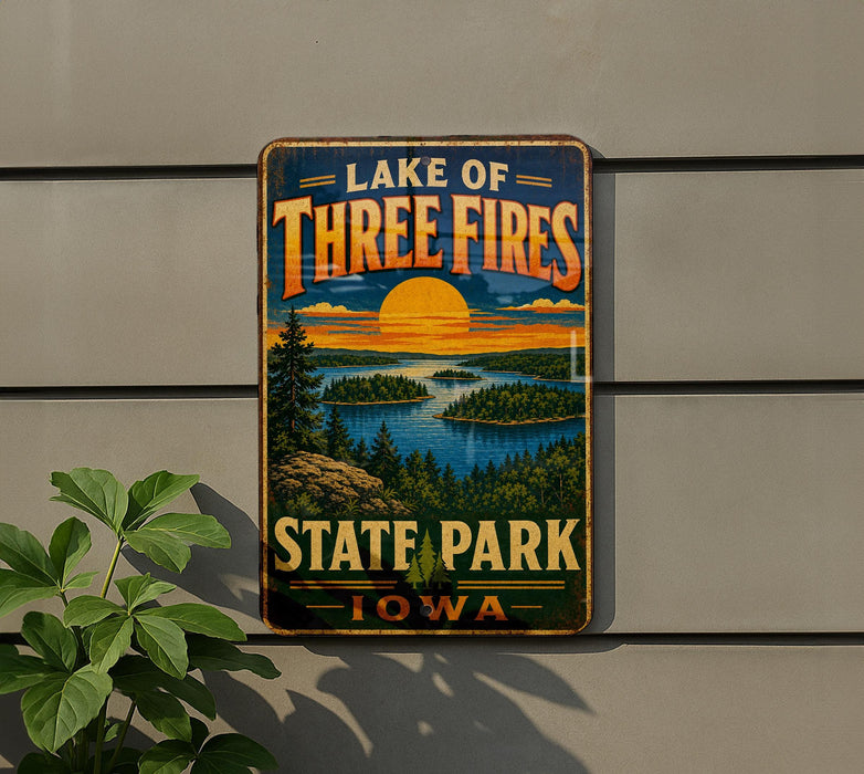 A vintage-style metal sign for Lake of Three Fires State Park in Iowa, featuring a scenic landscape with a sunset over the lake and surrounding forest.