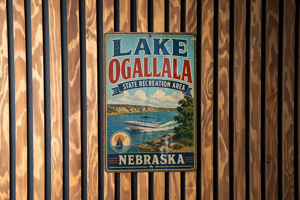 A vintage-style sign for Lake Ogallala, a state recreation area in Nebraska, is displayed on a wooden wall.