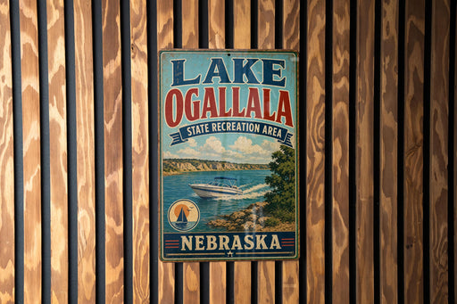 A vintage-style sign for Lake Ogallala, a state recreation area in Nebraska, is displayed on a wooden wall.
