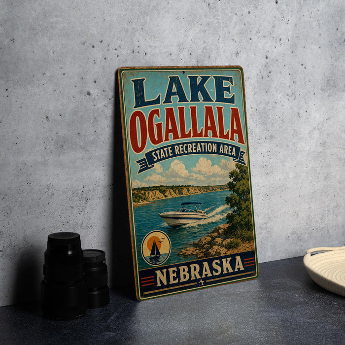 A vintage-style metal sign for Lake Ogallala, a state recreation area in Nebraska, featuring a scenic image of a boat on the lake.
