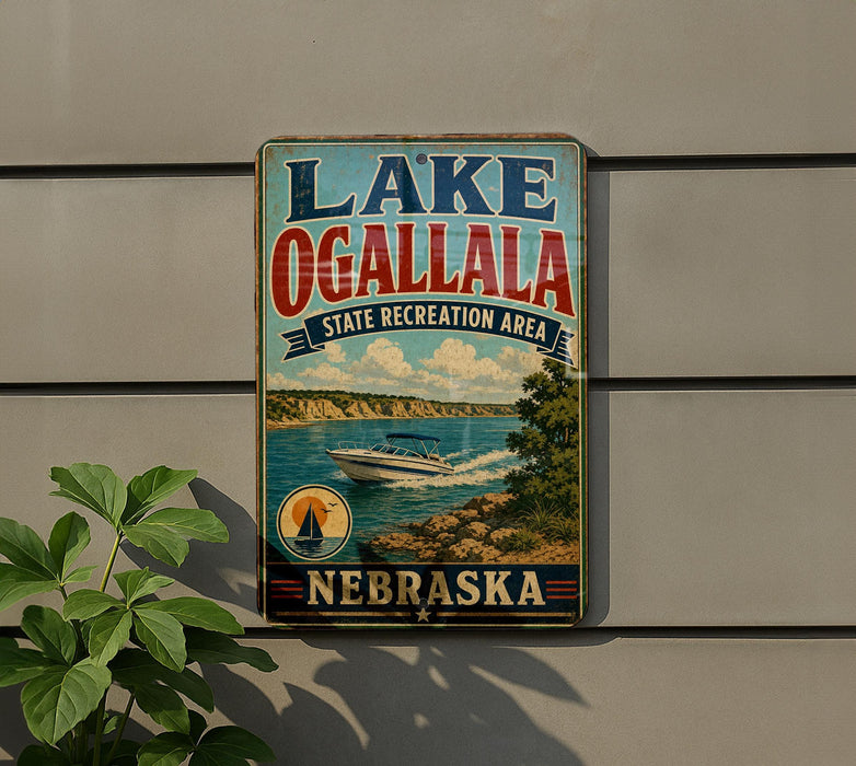 A vintage-style metal sign for Lake Ogallala, a state recreation area in Nebraska, featuring a boat and a scenic landscape.