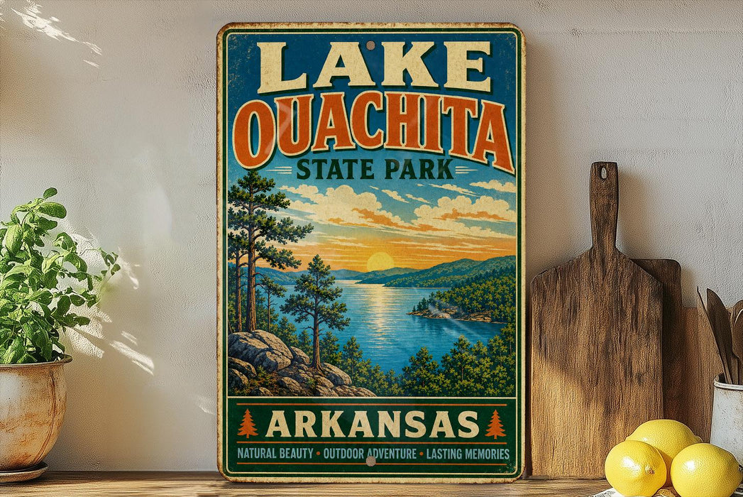 A vintage-style sign for Lake Oouchita State Park in Arkansas, featuring a scenic landscape with a lake, mountains, and a sunset.