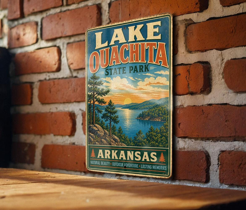 A vintage metal sign for Lake Ouachita State Park in Arkansas, featuring a scenic landscape with pine trees, a lake, and mountains.