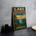 A vintage-style sign for Lake Ouachita State Park in Arkansas, featuring a scenic landscape with pine trees, a lake, and mountains.