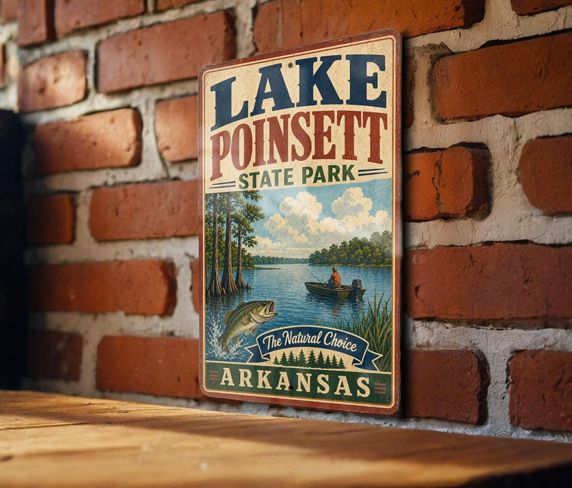 A vintage-style sign for Lake Poinsett State Park in Arkansas, featuring a scenic illustration of a lake, trees, and a person fishing.