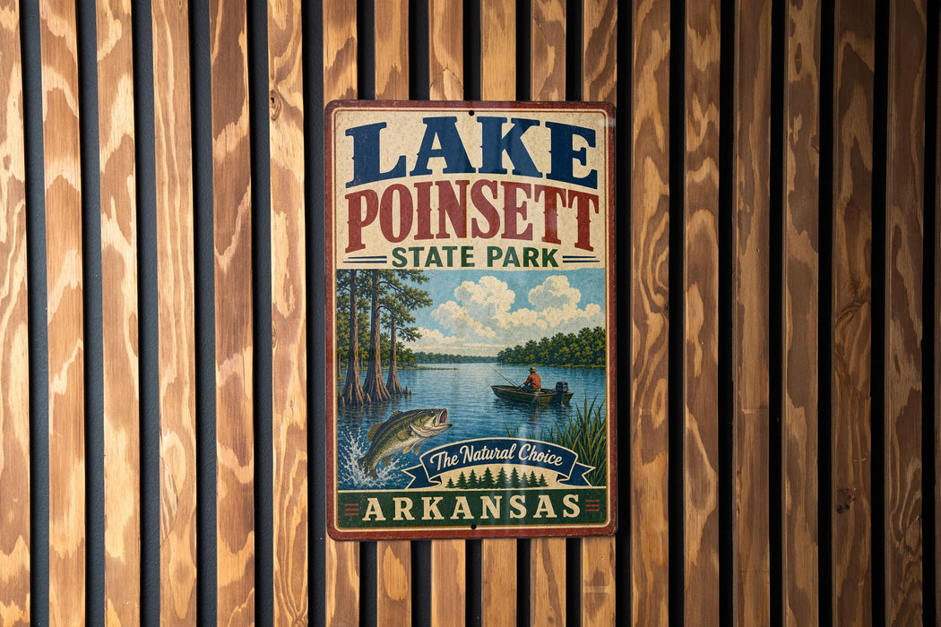 A vintage-style metal sign for Lake Poinsett State Park in Arkansas, featuring a scenic illustration of a lake, trees, and a person fishing.