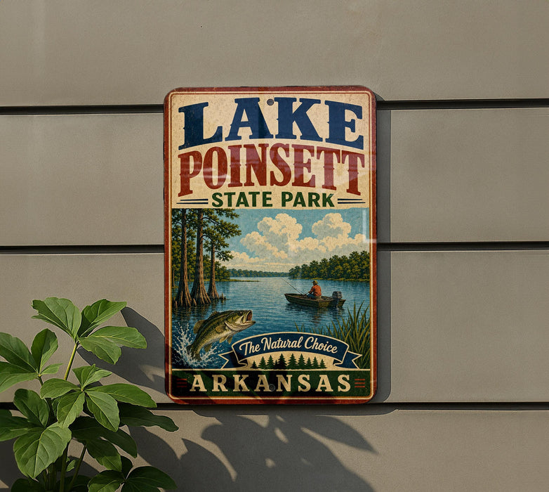 A vintage-style metal sign for Lake Poinsett State Park in Arkansas, featuring a scenic illustration of a lake, trees, and a person fishing.
