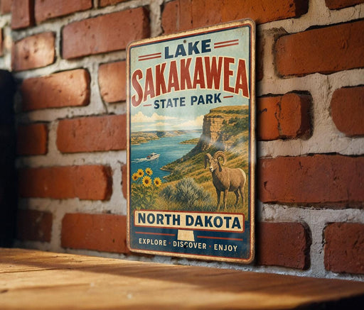 A vintage metal sign for Lake Sakakawea State Park in North Dakota, featuring a scenic illustration of a mountain landscape with a river and a bighorn sheep.