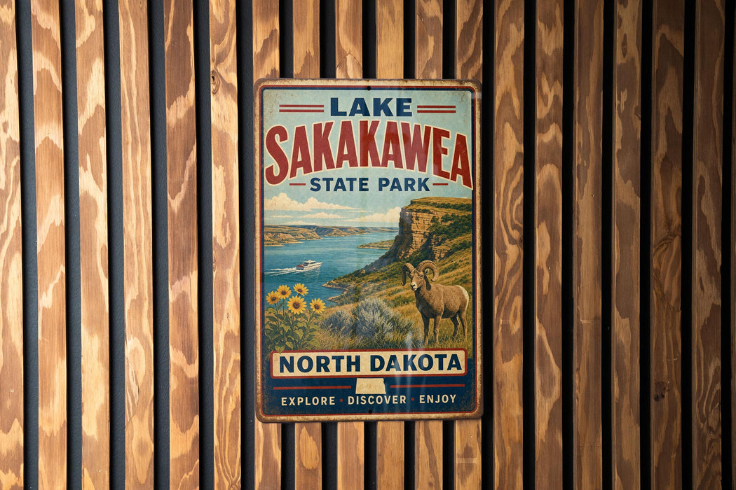 A vintage metal sign for Lake Sakakawea State Park in North Dakota, featuring a scenic landscape with a river, mountains, and a bighorn sheep.