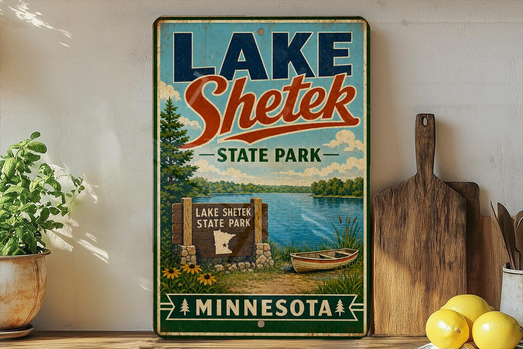 A vintage-style sign for Lake Shetek State Park in Minnesota, featuring a scenic illustration of the park's lake, mountains, and boats.