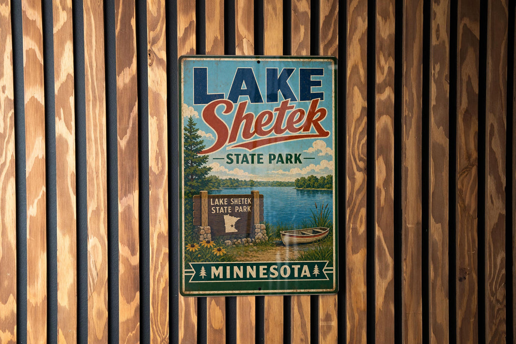A vintage metal sign for Lake Shetek State Park in Minnesota, featuring a scenic illustration of the park and its surroundings.