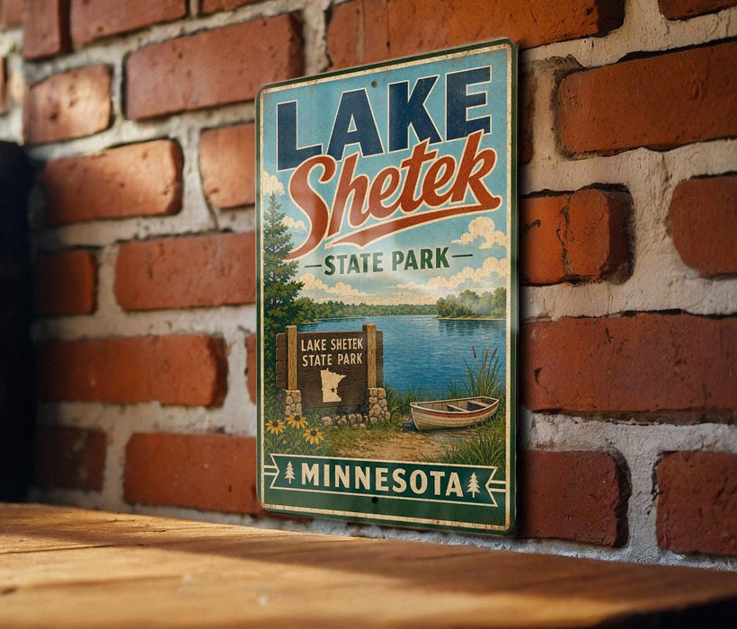 A vintage-style sign for Lake Shetek State Park in Minnesota, featuring a scenic illustration of the park's lake and surrounding landscape.
