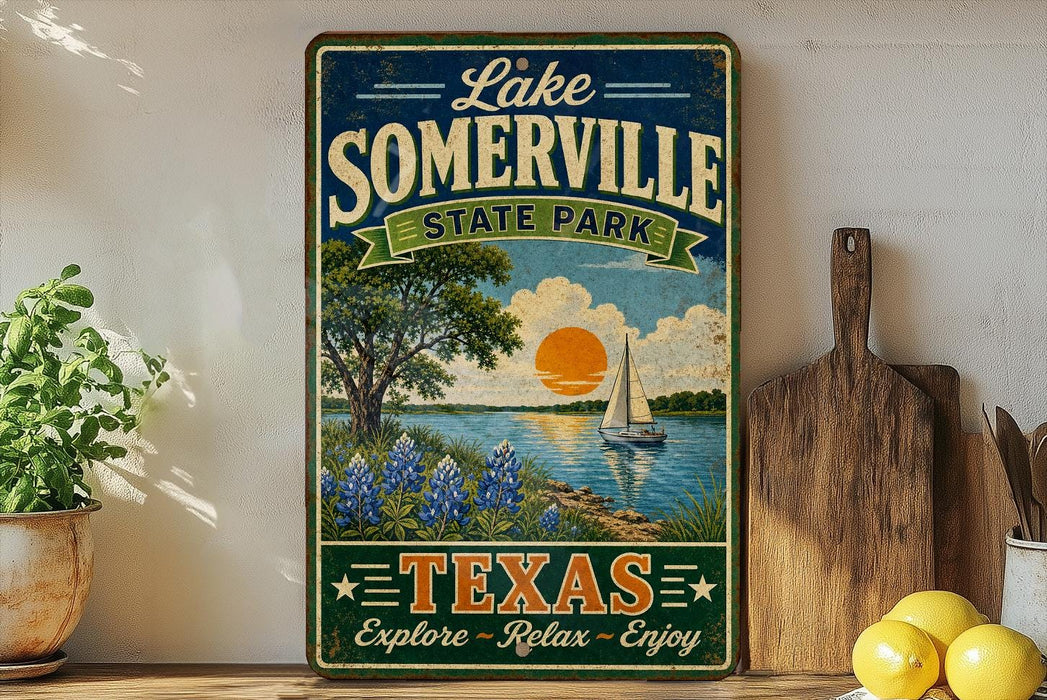 A vintage-style sign for Lake Somerville State Park in Texas, featuring a scenic illustration of a lake, trees, and a sailboat.
