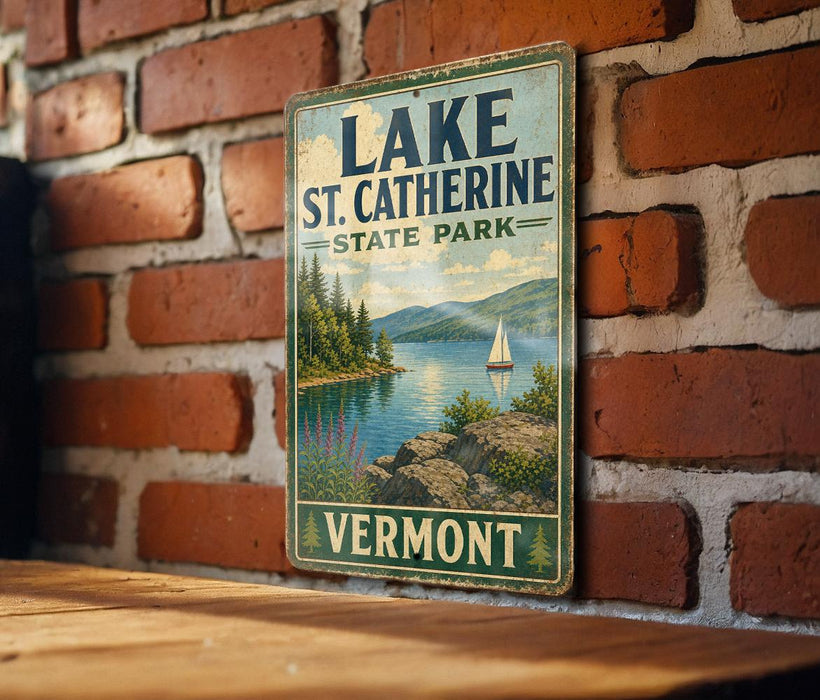 A vintage metal sign for Lake St. Catherine State Park in Vermont, featuring a scenic landscape with a sailboat on the lake.