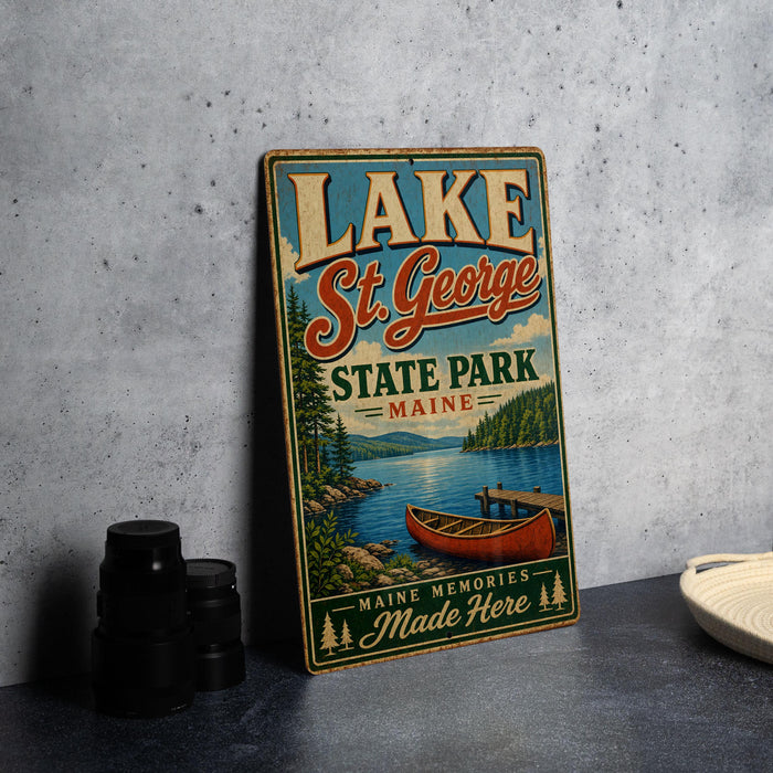 A vintage metal sign for Lake St. George State Park in Maine, featuring a scenic illustration of a lake and canoe.