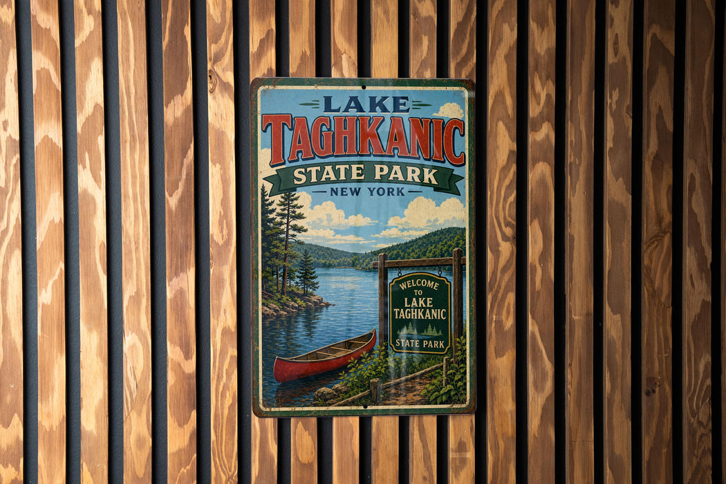 A vintage-style metal sign for Lake Taghkanic State Park in New York, featuring a scenic image of a lake, trees, and a red canoe.