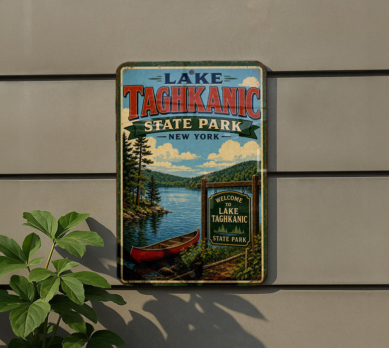 A vintage-style sign for Lake Taghkanic State Park in New York, featuring a scenic image of a lake, trees, and a canoe.