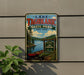 A vintage-style sign for Lake Taghkanic State Park in New York, featuring a scenic image of a lake, trees, and a canoe.