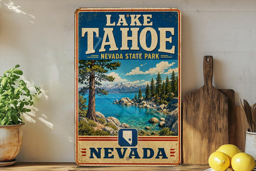 A vintage-style sign for Lake Tahoe, Nevada State Park, featuring a scenic landscape with a lake, mountains, and pine trees.