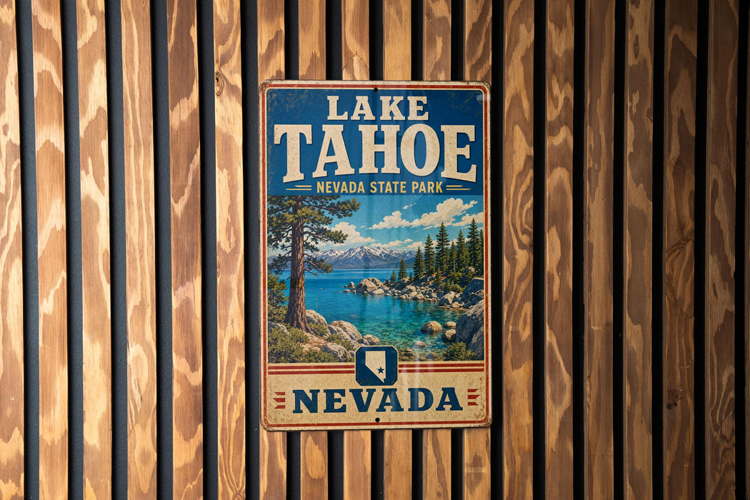 A vintage-style sign for Lake Tahoe, Nevada State Park, mounted on a wooden wall.