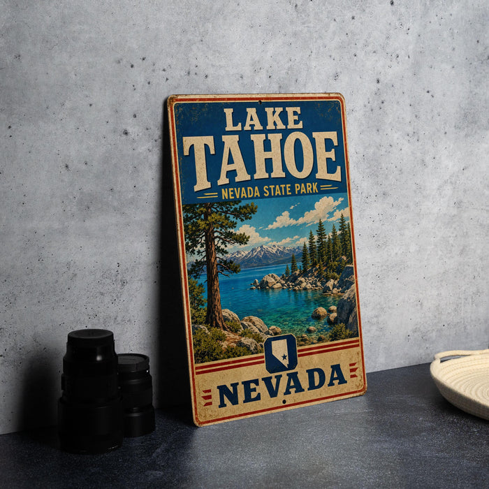 A vintage-style sign for Lake Tahoe, Nevada, featuring a scenic landscape with mountains, trees, and a lake.