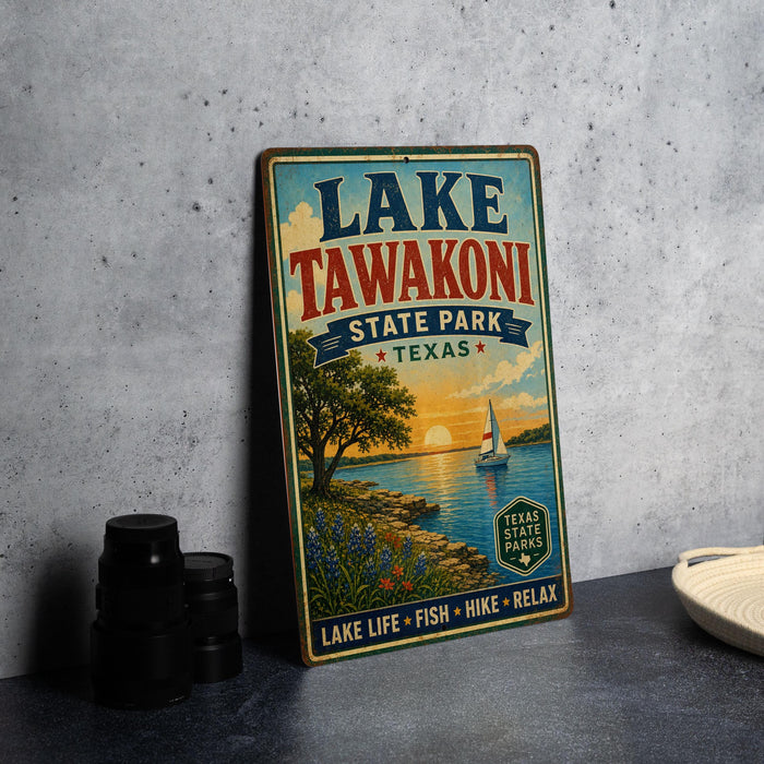 A vintage-style sign for Lake Tawakoni State Park in Texas, featuring a scenic illustration of a lake, trees, and a sailboat.