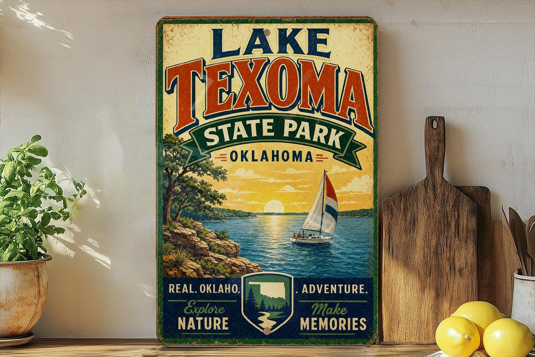 A vintage-style sign for Lake Texoma State Park in Oklahoma, featuring a sailboat on a lake and a sunset in the background.