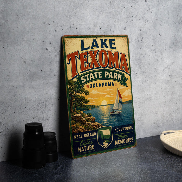 A vintage-style metal sign for Lake Texoma State Park in Oklahoma, featuring a sailboat and a scenic landscape.