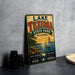 A vintage-style metal sign for Lake Texoma State Park in Oklahoma, featuring a sailboat and a scenic landscape.
