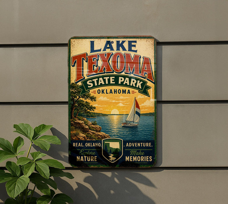 A vintage-style metal sign for Lake Texoma State Park in Oklahoma, featuring a sailboat on a lake and a sunset in the background.