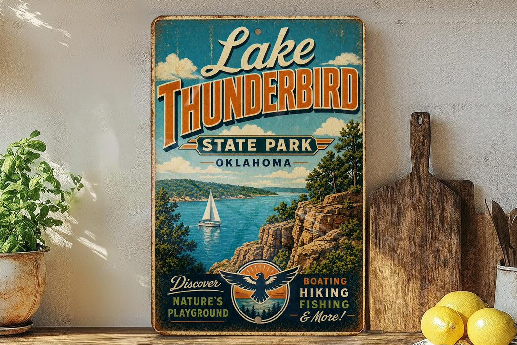 A vintage-style sign for Lake Thunderbird State Park in Oklahoma, featuring a scenic illustration of a lake, mountains, and a sailboat.