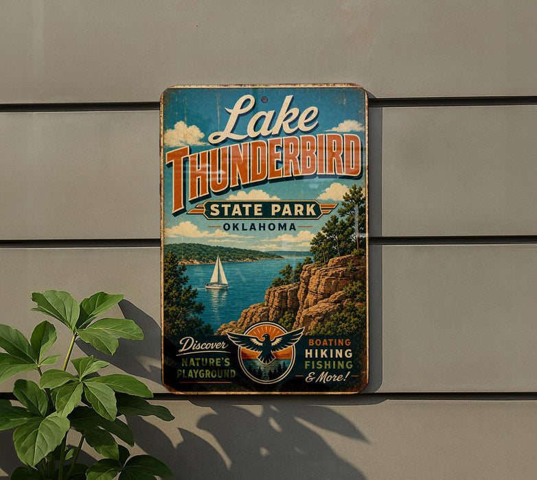 A vintage-style sign for Lake Thunderbird State Park in Oklahoma, featuring a scenic image of a lake, mountains, and a sailboat.
