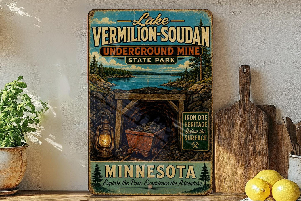 A vintage-style metal sign advertising Lake Vermilion-Soudan, Minnesota's Underground Mine State Park, with a scenic illustration of a cave, lake, and forest.